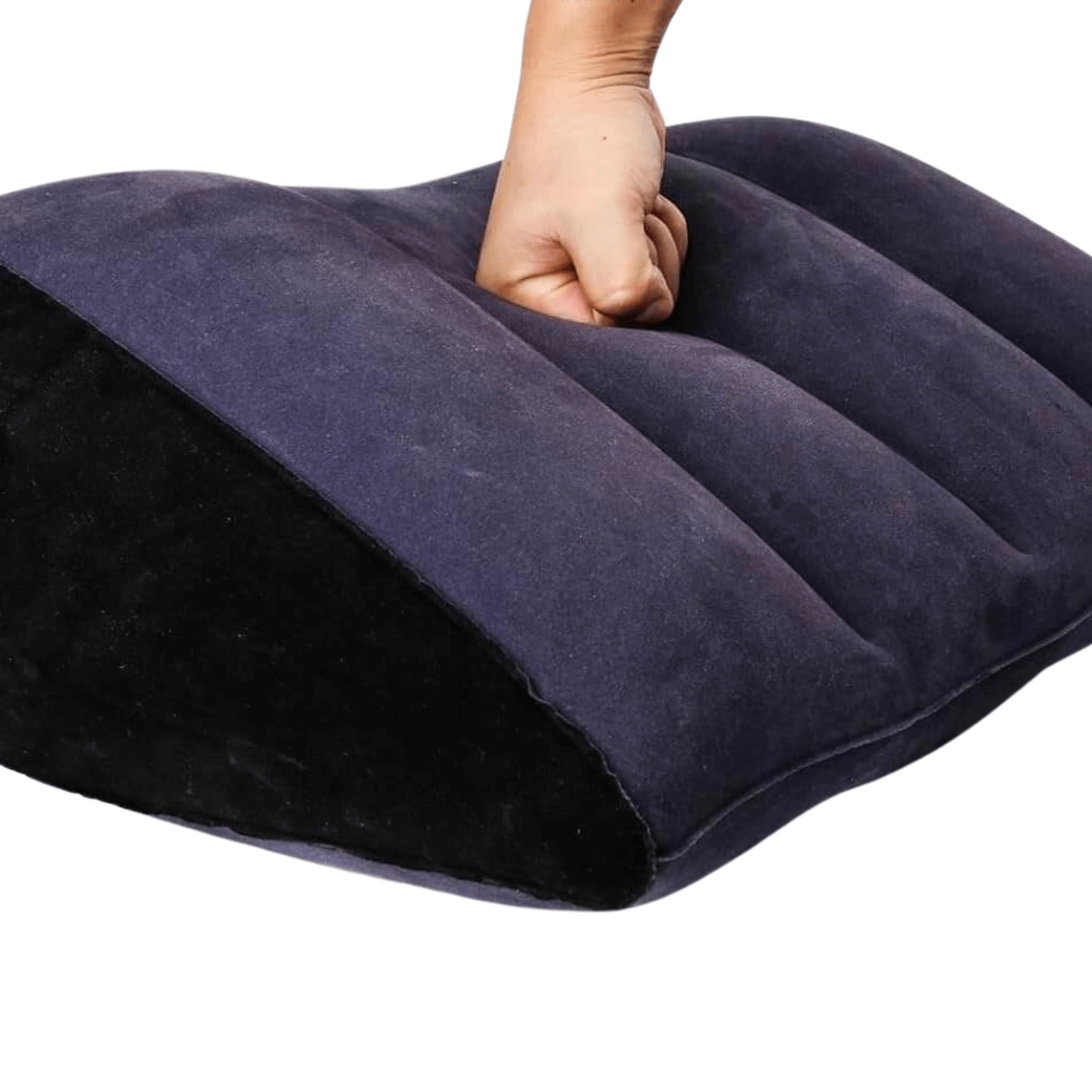 Inflatable sex cushion with a hand pressing down, designed for pleasure and restraint.