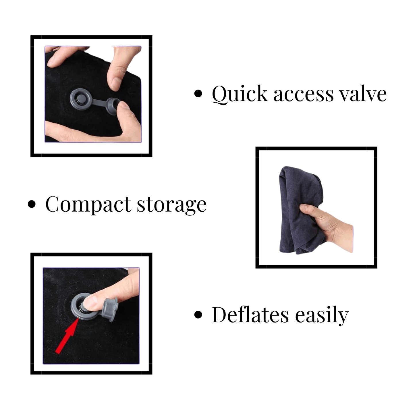 Features of inflatable sex cushion: quick access valve, compact storage, and easy deflation for convenience.