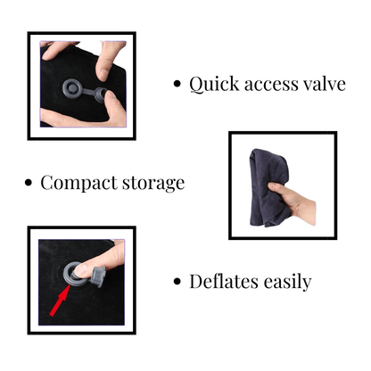 Features of inflatable sex cushion: quick access valve, compact storage, and easy deflation for convenience.