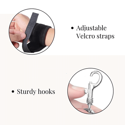 Adjustable Velcro straps and sturdy hooks from the Bed/Chair Restraints Kit for secure attachment and comfort.