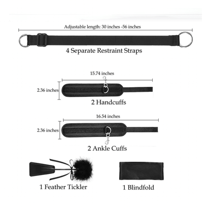 Bed/chair restraints kit featuring 4 adjustable straps, handcuffs, ankle cuffs, feather tickler, and blindfold for ultimate pleasure exploration.