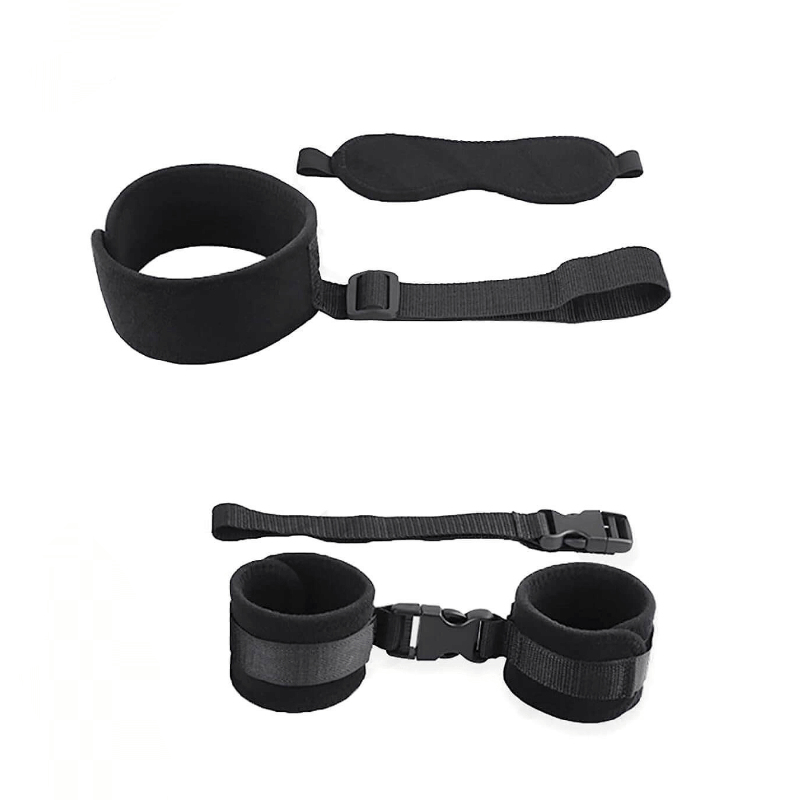 Neck to wrist restraints set with blindfold, padded for comfort and durability, for exciting bondage experiences.