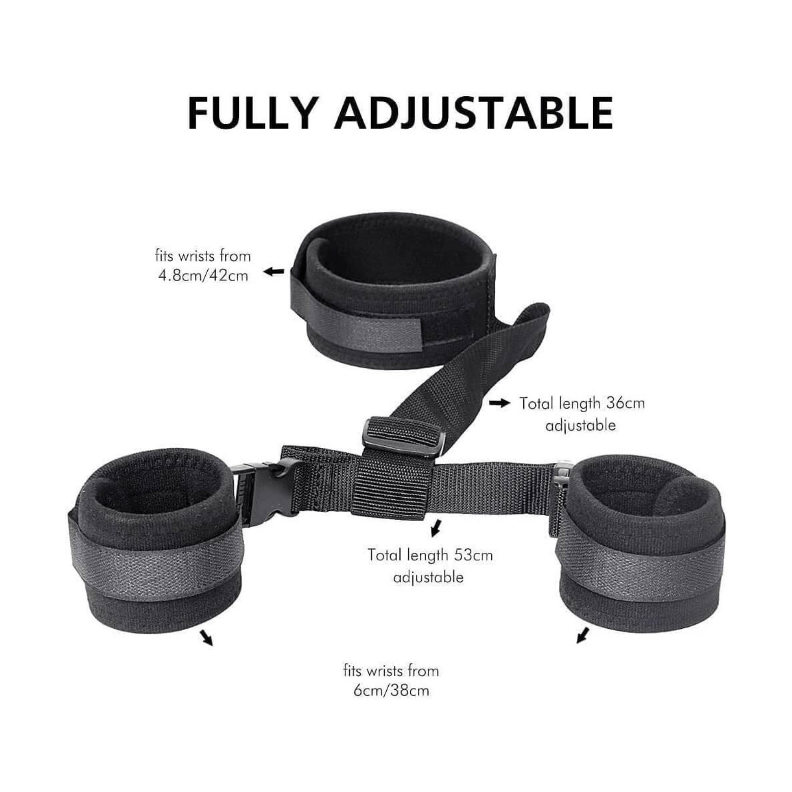Fully adjustable neck to wrist restraints featuring padded material for comfort and durability, ideal for exciting experiences.