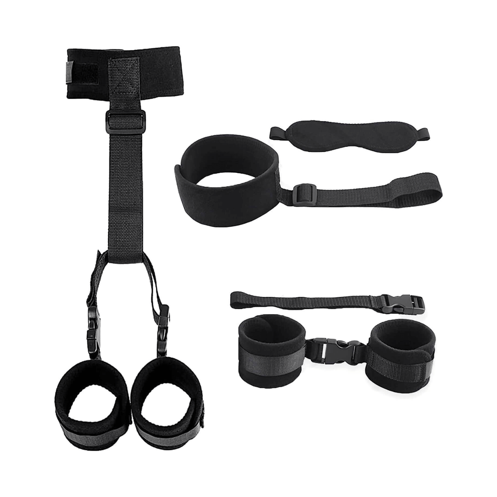 Neck to wrist restraints with blindfold, padded material for comfort and durability, designed for sensory play.