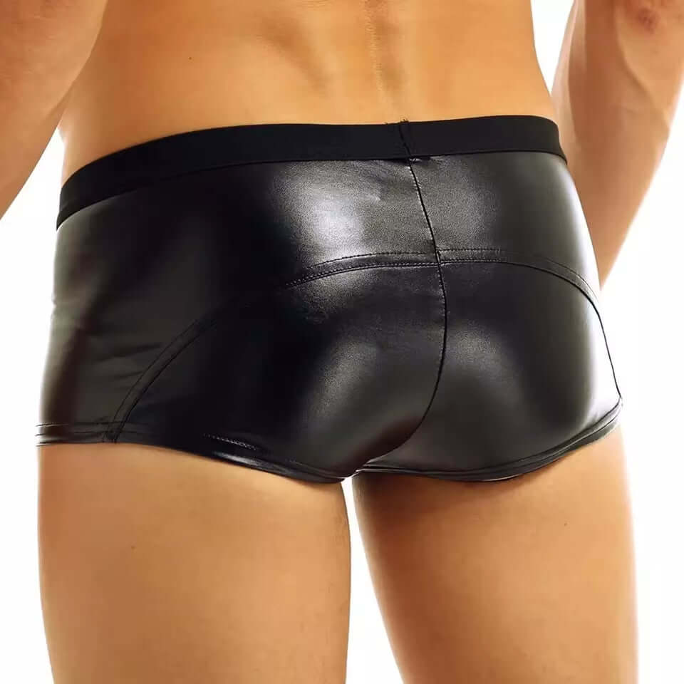 Mens Sexy Leather Lingerie Open Crotch Short Pants for Sex Soft Latex Fetish Boxer Crotchless Leather Underwear Bulge Pouch Sexi